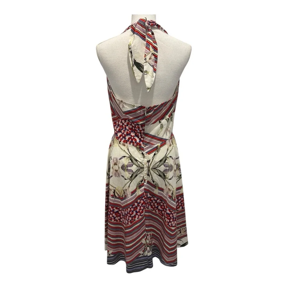 Alexia Admit Dress Women 12 Red Multi Halter Backless Striped Floral Lined Flare